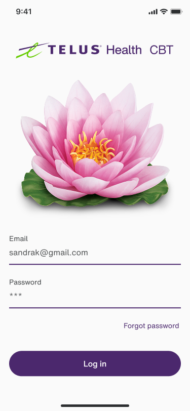 CBT mobile login screen, TELUS Health CBT branding with email + password
