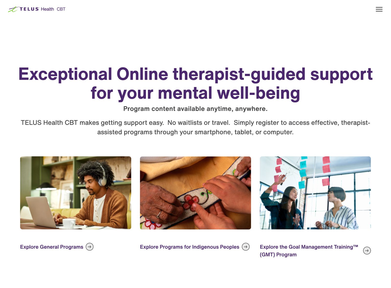 TELUS Health CBT public landing page, therapist-guided support for mental wellbeing