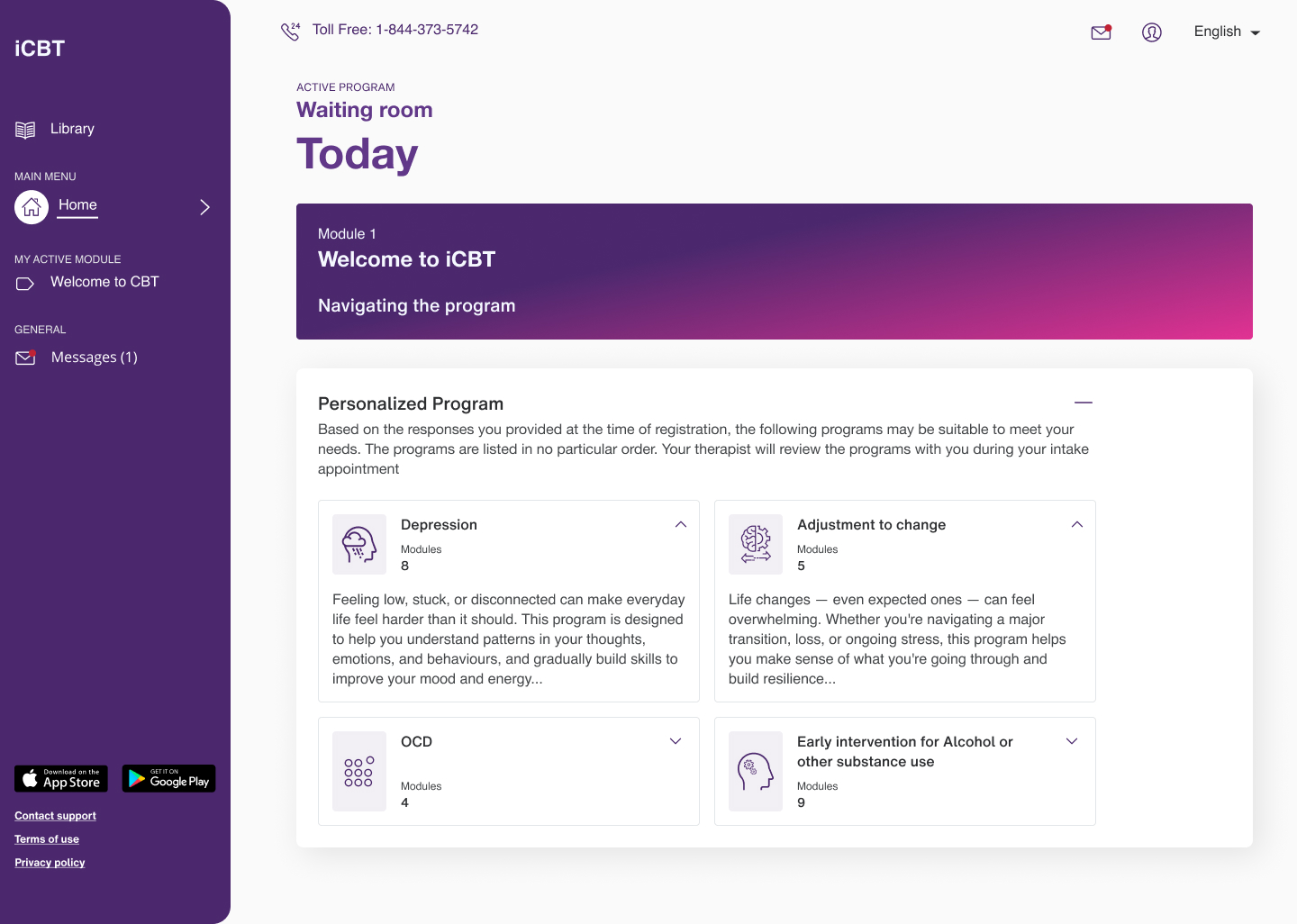 iCBT post-login dashboard with sidebar navigation and personalized program recommendations