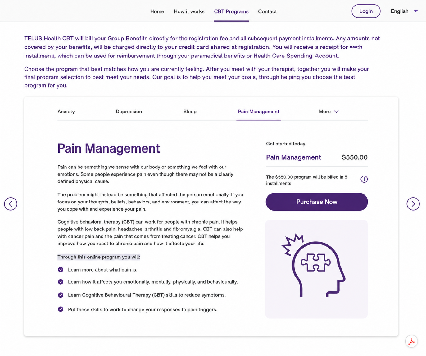 Pain Management program detail with structure, modules, and pricing