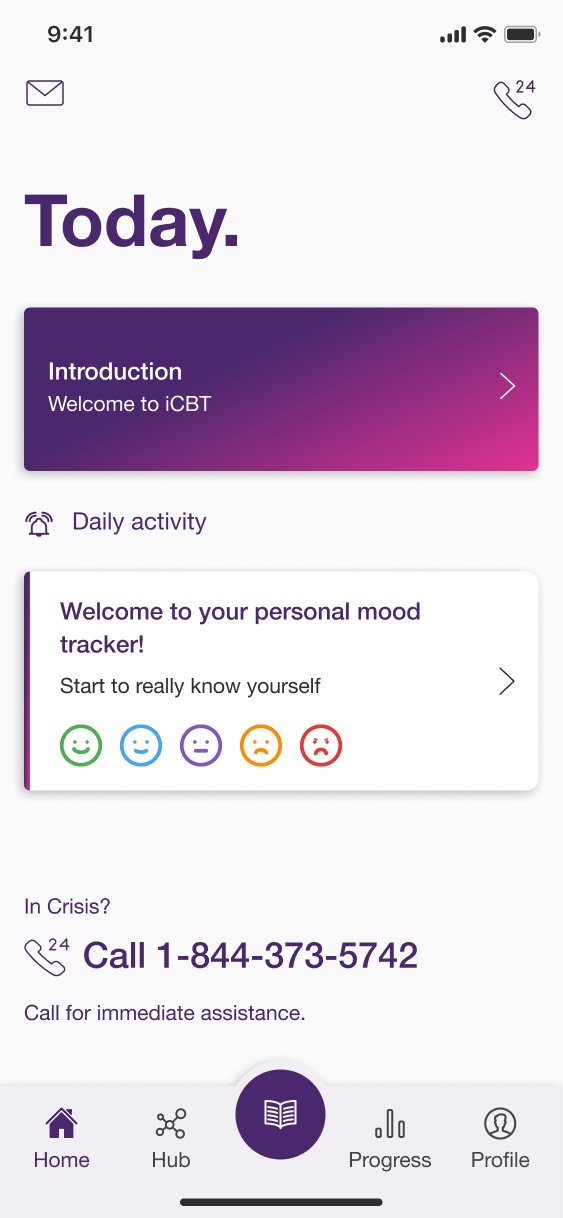 Today dashboard on mobile, Module 1 introduction card and mood tracker