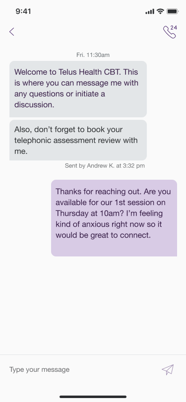 In-app messaging with therapist, welcome thread and assessment booking nudge