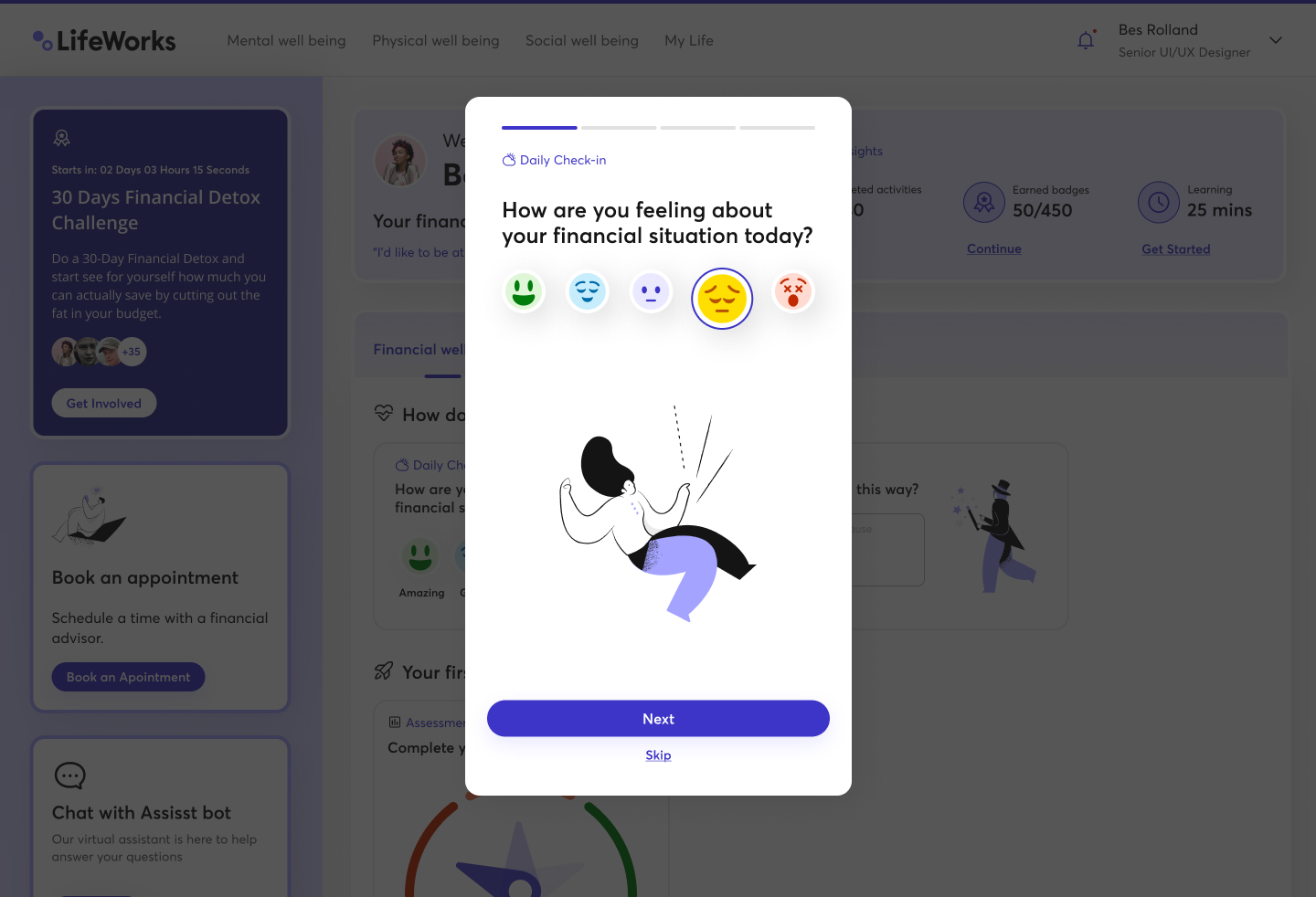 Daily check-in modal with five emoji mood options
