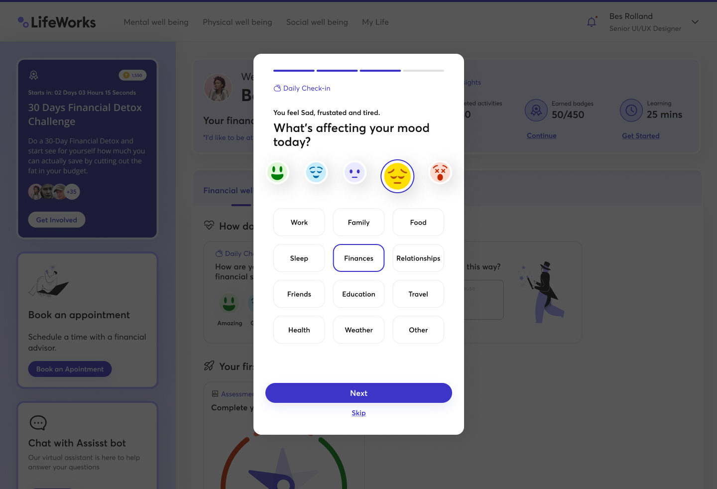 Daily check-in modal: what is affecting your mood today