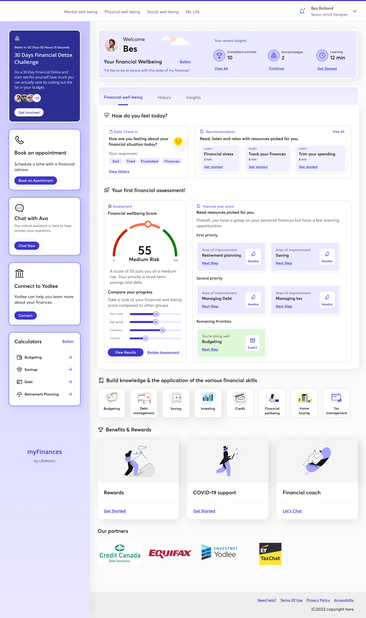Engaged dashboard with wellbeing score 55 medium risk and improvement priorities