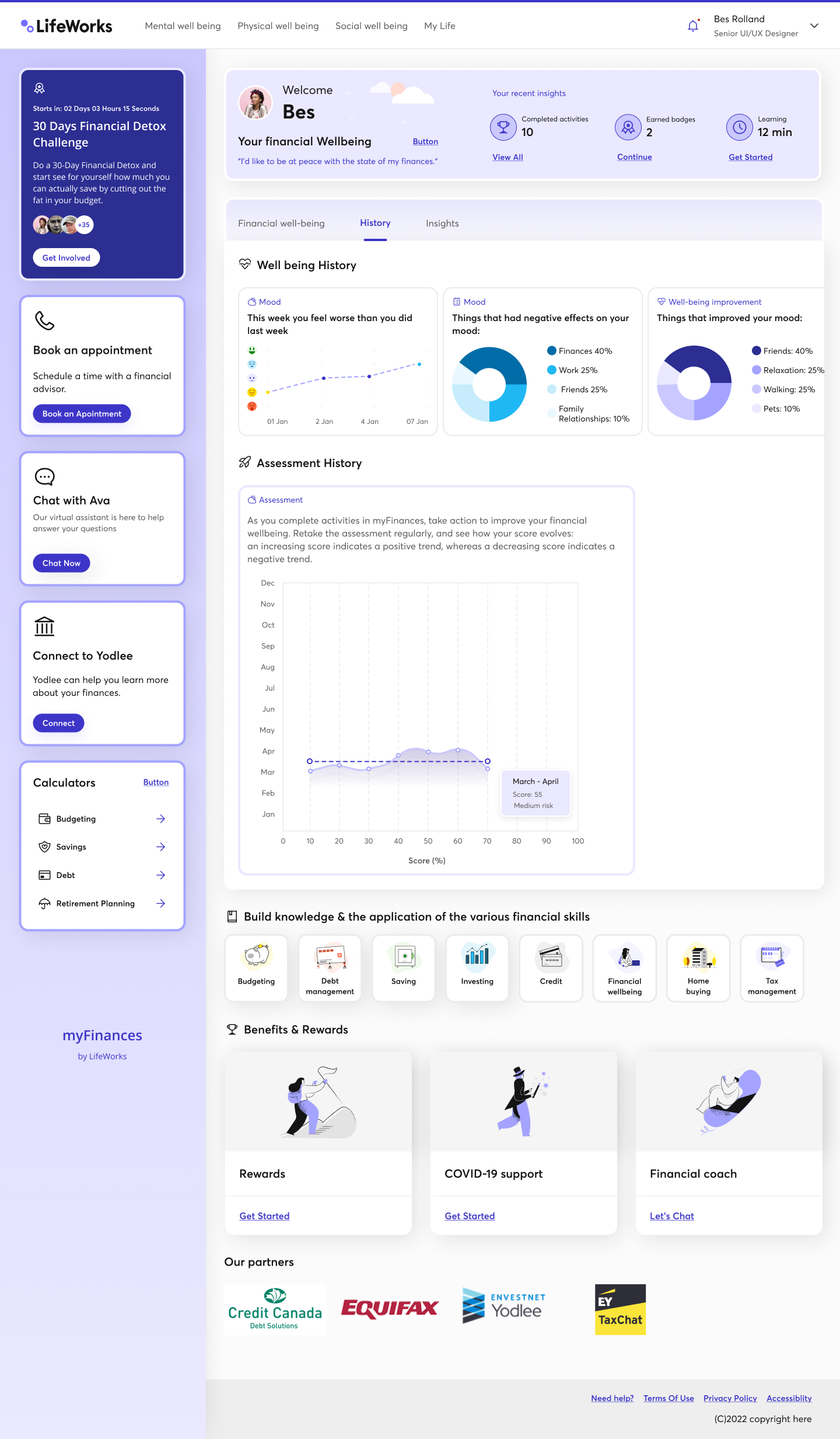 History tab with mood trends, mood drivers, and assessment history