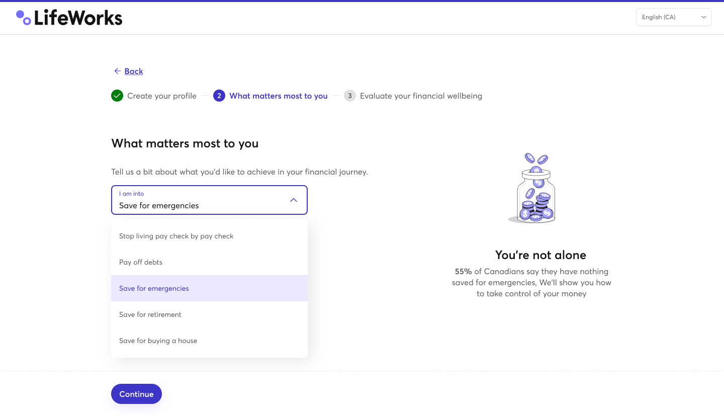 Onboarding step 2: what matters most to you, with empathy stat